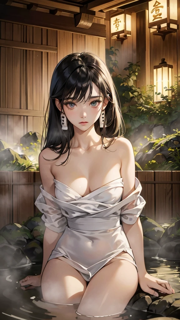 (perfect anatomy:1.2)(absurdres, highres, ultra detailed),masterpiece,best quality,high resolution,8k,Realistic face,Realistic skin texture,magnified textures, stunning clarity,detailed anime girl,(ultra detailed eyes and face),,black hair,(top not),pale skin,Japanese shrine maiden, mysterious eyes,(She hides her body with a white bath towel),thin body type,big breasts,small ass,(expressionless:1.2).(onsen:1.5) in Steampunk in the Edo Period、(Vivid hieroglyph signs and street advertisements:1.2)、sautumn、hieroglyph,look at far away,,Delicate atmosphere、sitting,midnight,Fantasy