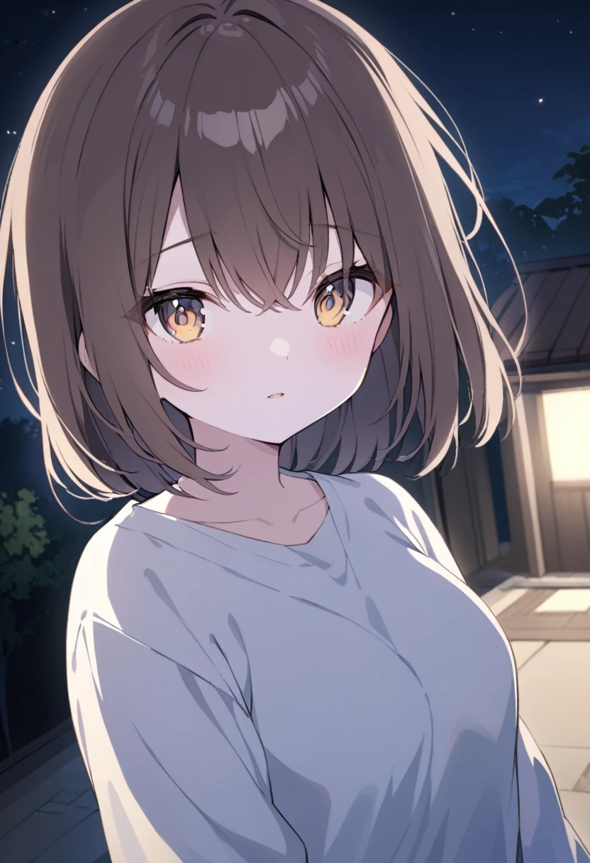 Girl with dark brown hair.Hazel eyes.At night