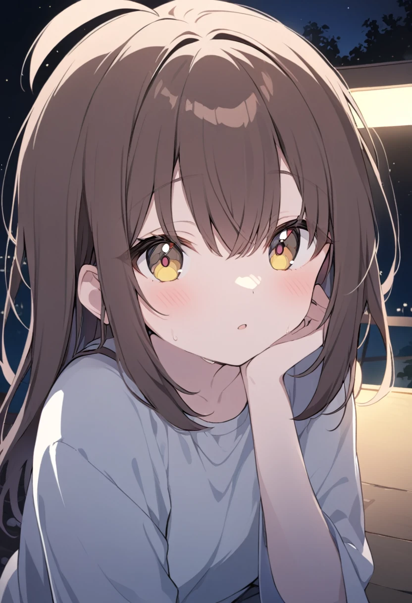 Girl with dark brown hair.Hazel eyes.At night