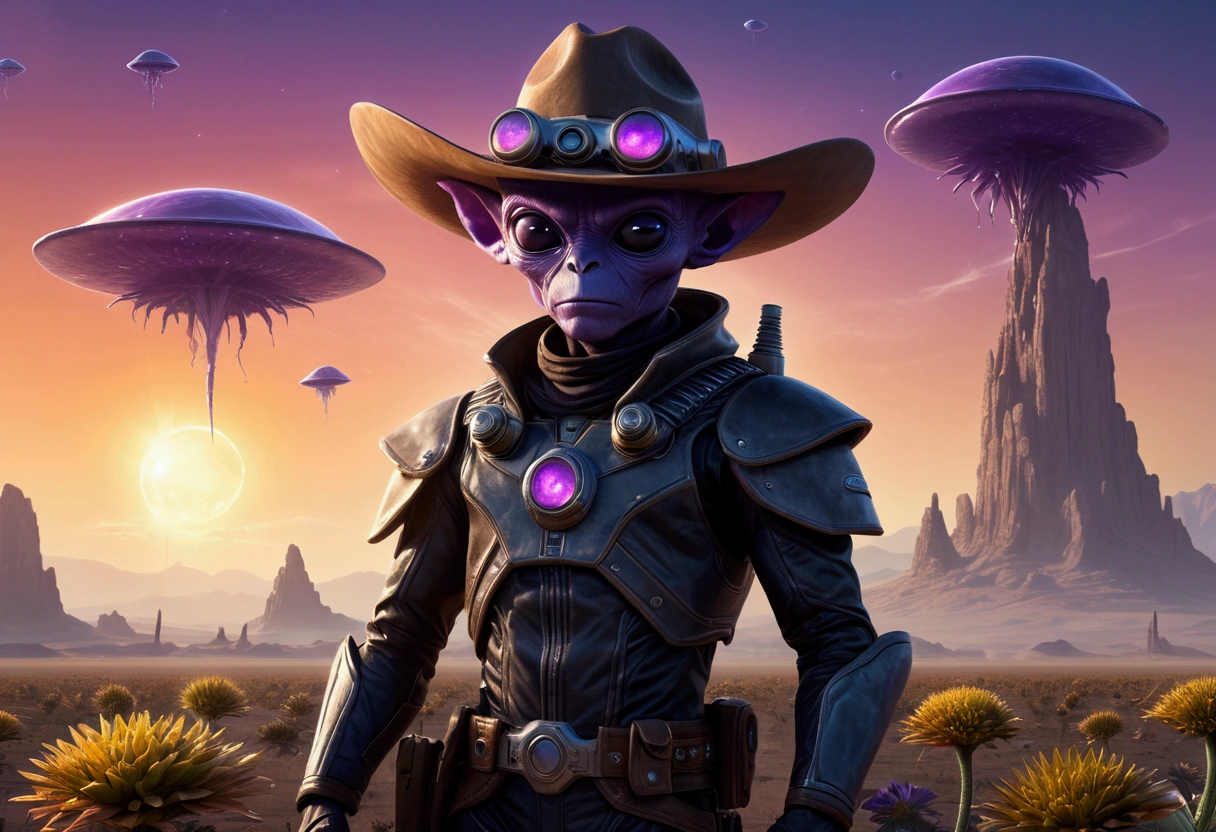 a lean alien cowboy with a big head, huge dark eyes, wearing a cowboy outfit, holding ray guns, riding on crystalline beetles, alien plains with strange plants, violet skies, 2 suns, (best quality,4k,8k,highres,masterpiece:1.2),ultra-detailed,(realistic,photorealistic,photo-realistic:1.37),cinematic lighting,digital art,matte painting,concept art,sci-fi,dramatic lighting