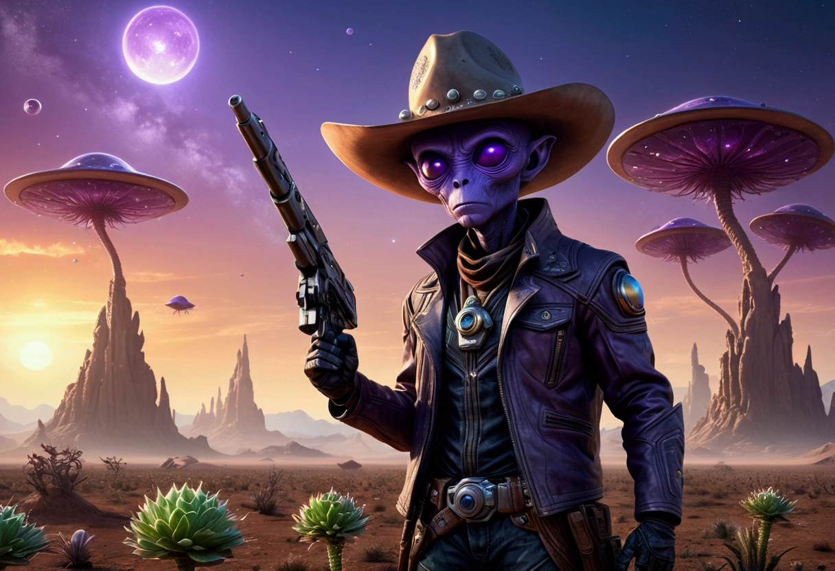 a lean alien cowboy with a big head, huge dark eyes, wearing a cowboy outfit, holding ray guns, riding on crystalline beetles, alien plains with strange plants, violet skies, 2 suns, (best quality,4k,8k,highres,masterpiece:1.2),ultra-detailed,(realistic,photorealistic,photo-realistic:1.37),cinematic lighting,digital art,matte painting,concept art,sci-fi,dramatic lighting