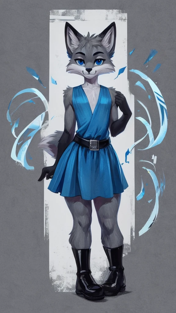 Nsfw, grainy, symmetric, upper body, bright colorful Navy blue eyes, markings, furry male, body fur, anthro Fox, solo, Cartoon, detailed, Gray fur, Thicc thighs, Wide hips, Slim waist, Slim shoulders, Large butt, Calm face, wearing Blue Tunic with White accent, Monochromatic colors, Menacing, Femboy flat-chested, super flat-chested, solo femboy, just a femboy ((flat-chested))