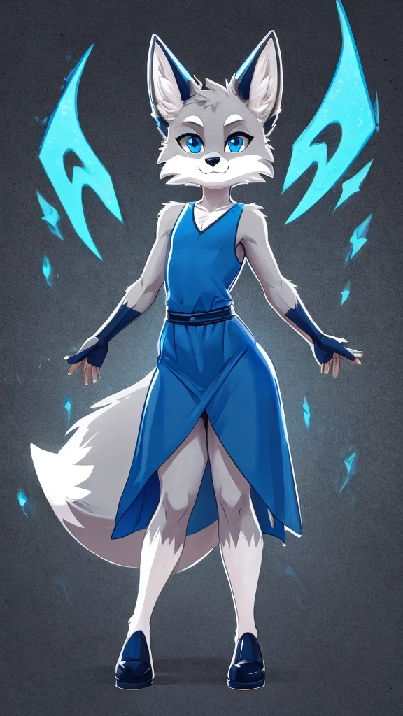 Nsfw, grainy, symmetric, upper body, bright colorful Navy blue eyes, markings, furry male, body fur, anthro Fox, solo, Cartoon, detailed, Gray fur, Thicc thighs, Wide hips, Slim waist, Slim shoulders, Large butt, Calm face, wearing Blue Tunic with White accent, Monochromatic colors, Menacing, Femboy flat-chested, super flat-chested, solo femboy, just a femboy ((flat-chested))