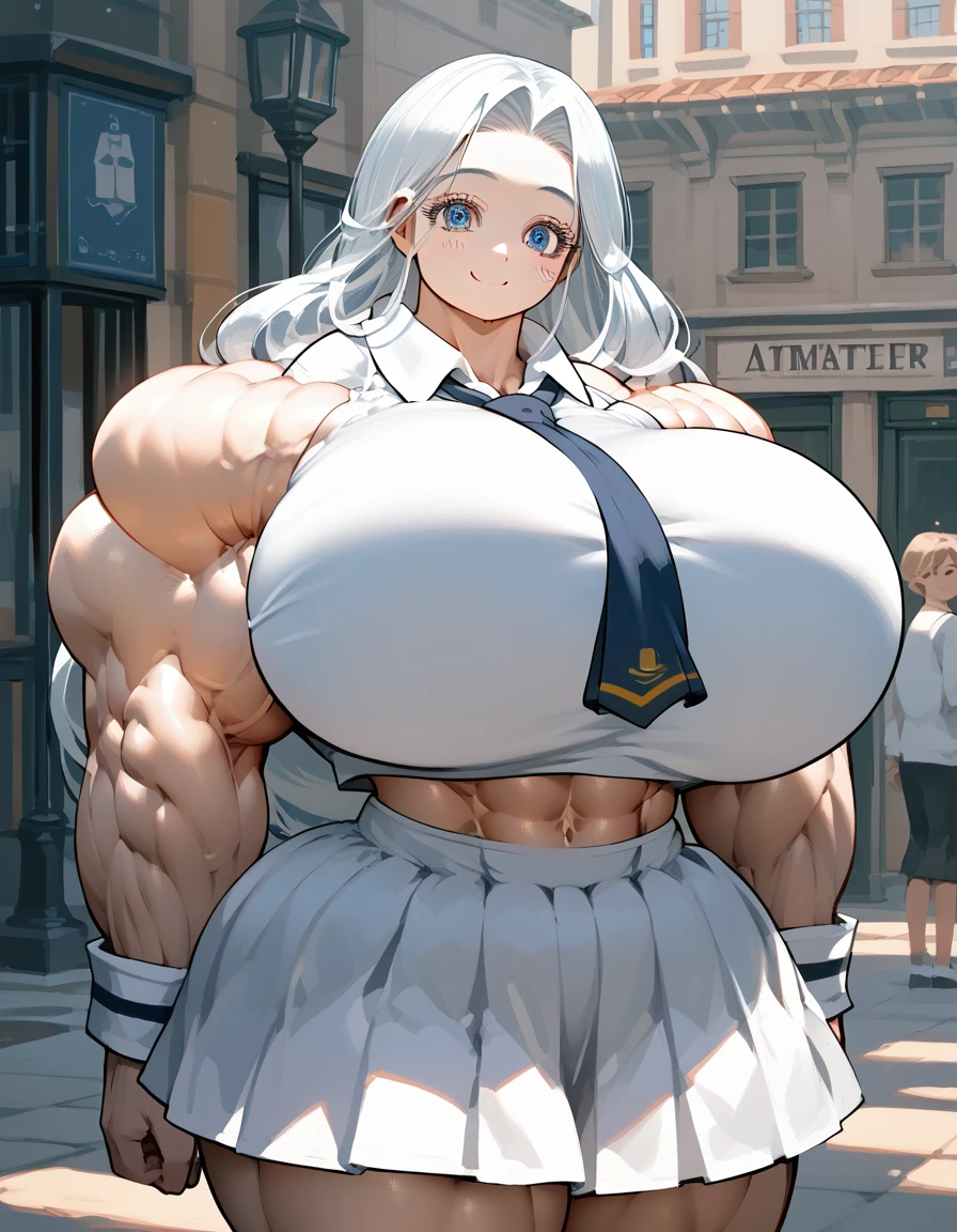 score_9, score_8_up, score_7_up, 8k, masterpiece, source_anime, detailed face, gigantic tall anime girl with peaky huge breasts and cartoonish hyper muscles, posing for picture at school, long hair, bright blue eyes, beautiful eyes detailed, big eyelashes, cute face, a shy smile, (extremely whiter skin: 1.25), (extremely glossy skin: 1.0), school girl uniform, (gigantic muscles: 1.1), wide shoulders, massive round breasts, gigantic round breasts, gigantic muscular arm, Extremely large biceps, Extremely thin waist, exposed 8pack abs, wide hip, (make her more gigantic and powerful: 1.0),