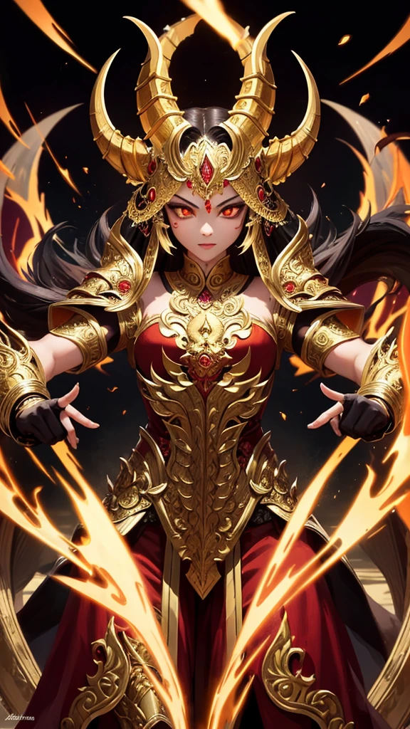Create a highly detailed and dramatic image of a mythological Thai demon, dressed in intricate golden armor with a fierce expression. The demon should have sharp fangs, dark fur, and glowing eyes, showcasing traditional Thai artistic elements in its design.