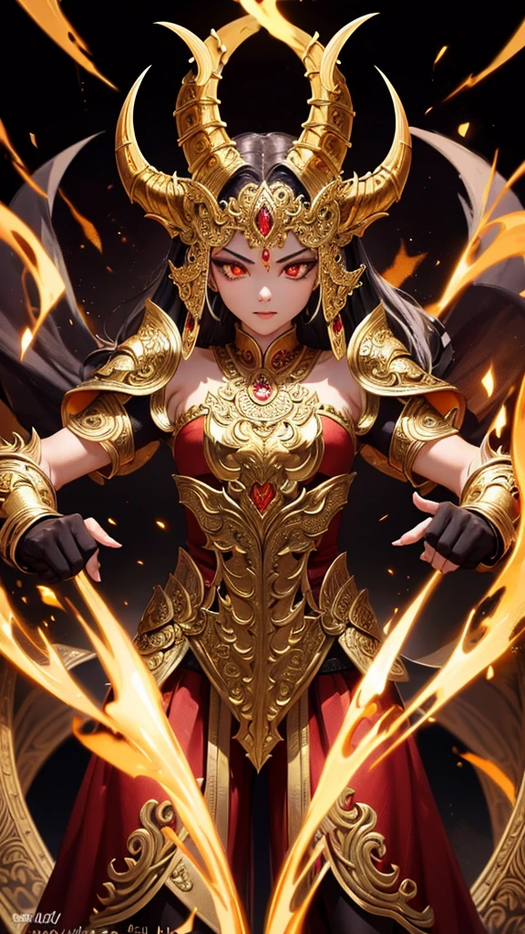 Create a highly detailed and dramatic image of a mythological Thai demon, dressed in intricate golden armor with a fierce expression. The demon should have sharp fangs, dark fur, and glowing eyes, showcasing traditional Thai artistic elements in its design.