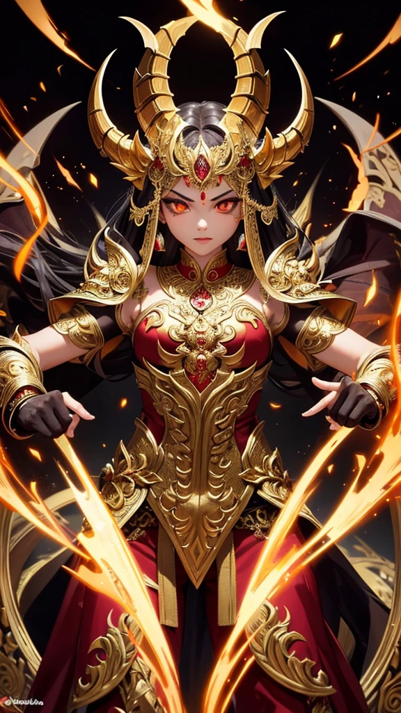 Create a highly detailed and dramatic image of a mythological Thai demon, dressed in intricate golden armor with a fierce expression. The demon should have sharp fangs, dark fur, and glowing eyes, showcasing traditional Thai artistic elements in its design.