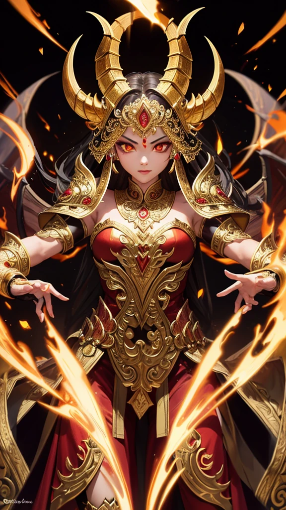 Create a highly detailed and dramatic image of a mythological Thai demon, dressed in intricate golden armor with a fierce expression. The demon should have sharp fangs, dark fur, and glowing eyes, showcasing traditional Thai artistic elements in its design.