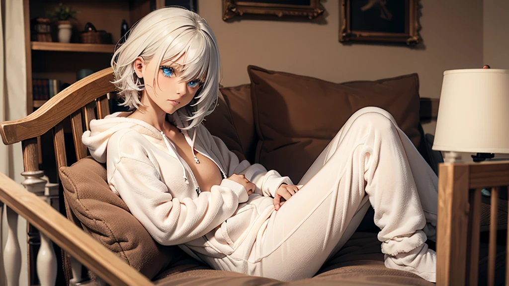 An anime image of a small boy with white hair wearing a thick diaper underneath fox hoodie-footie pjs, hoodie-footie pjs, (pampers),  ((sleeping in crib, nursery, young boy, 1boy)), solo, adorable, masterpiece, extremely detailed, beautiful eyes, sharp focus, vivid colors, studio lighting, intricate details, soft textures, cozy atmosphere, high quality, hood down,