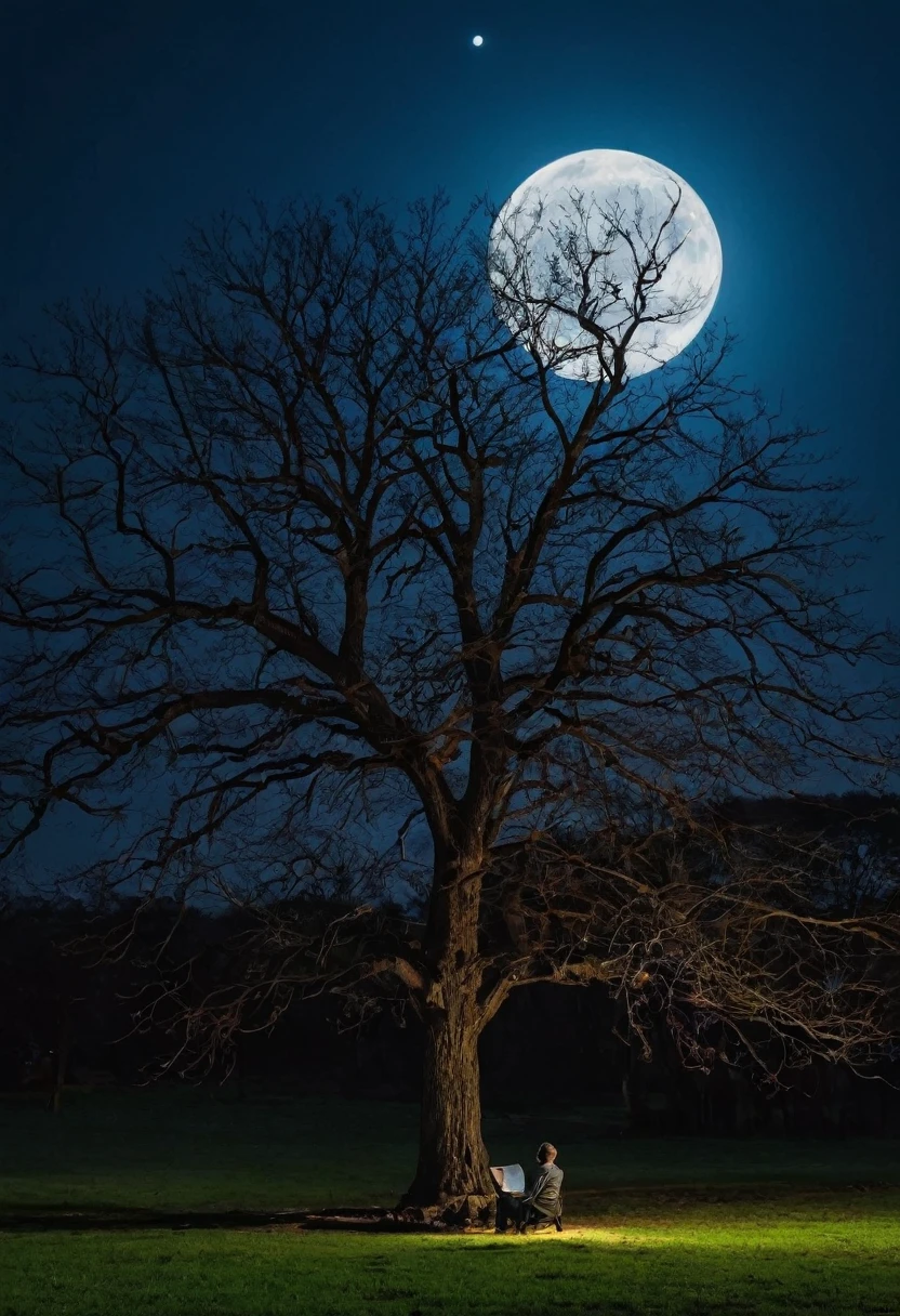 A calm full moon night , dim darkness , midnight , a big tree with no leaves only branches , full moon behind the tree , a man sitting under the tree ,enjoying the moment