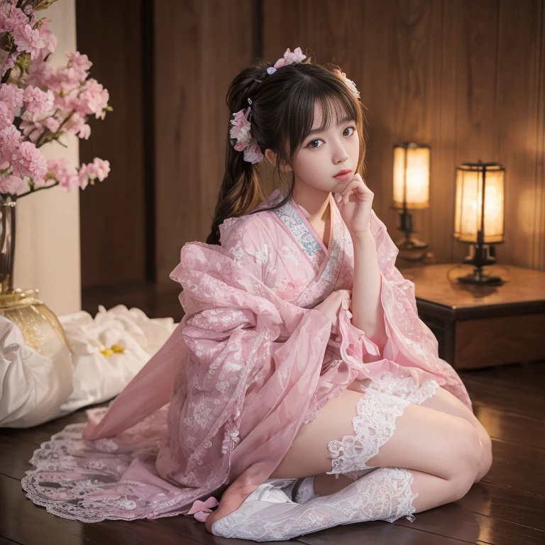 1 girl with unique silk sheen openwork nightgown,Wrapped around that very mature body,The V-shaped opening that opens slightly from the button on the collar,A deep chasm can be seen,A seventeen or eighteen-year-old girl brushed her long dark hair,Rubbing his sleepy-eyed fluffy eyes,Slowly walked out of the bedroom。It's hard to imagine,Such a young girl actually has such a good degree of development,Beautiful dazzling face、Jade-like skin、Large and plump jade breasts、Slender willow waist、Plump buttocks like a full moon、Straight, slender and rounded legs,