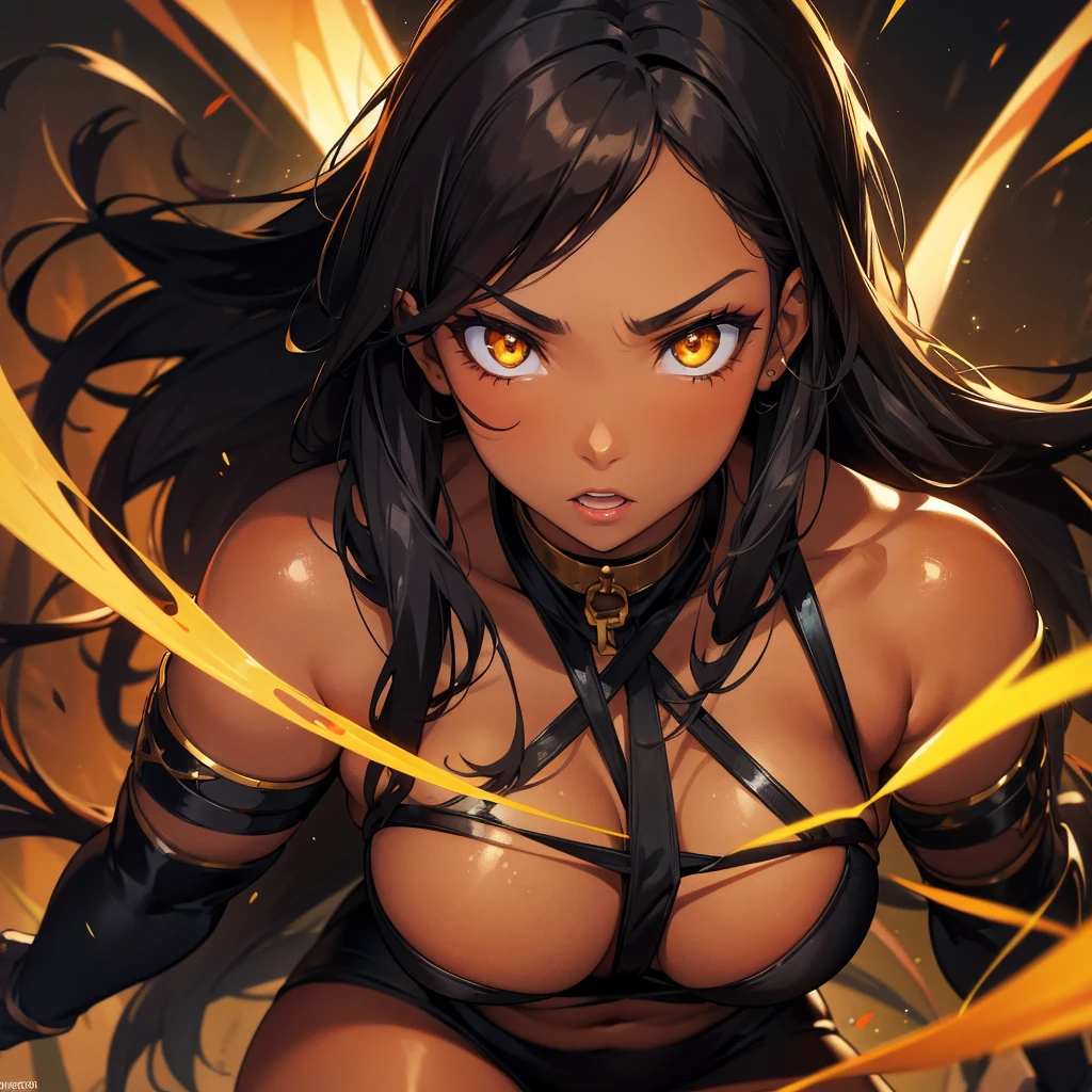  woman golden eyes, tan skin, black hair