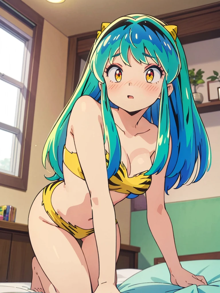 masterpiece, Highest quality, 1 Girl, Lum、比基尼, nose blush, mature, 18-year-old, 、On all fours、Watching the audience、From below, From before, anime, sexy、 High definition, to point at, Bedroom, Green Hair, Hand up