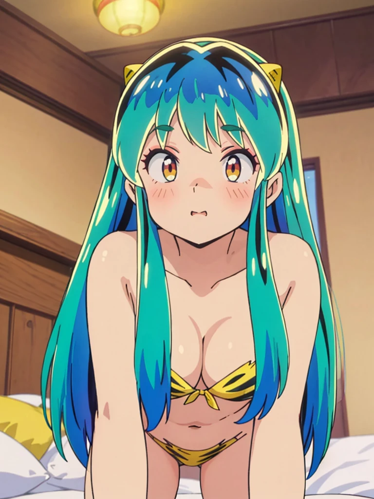 masterpiece, Highest quality, 1 Girl, Lum、比基尼, nose blush, mature, 18-year-old, 、On all fours、Watching the audience、From below,  From before, anime, sexy、 High definition,  to point at, Bedroom, Green Hair, Hand up