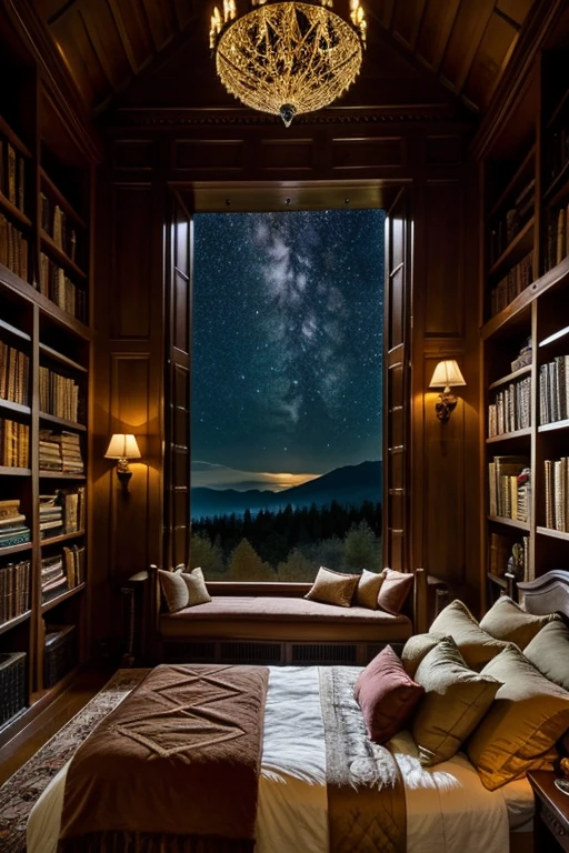 Create an image of a magical and enchanting room, where a dark wooden desk sits next to a shelf overflowing with ancient spell books and grimoires. In the middle, highlights a round bed, adorned with soft fabrics and pillows that evoke a sense of calm and mystery. Add a large window, through which you can glimpse a fantastic landscape, with golden trees and a starry sky. Be sure to incorporate subtle light and shadow effects that play on the walls and décor., creating an ethereal and immersive environment that invites exploration and imagination.