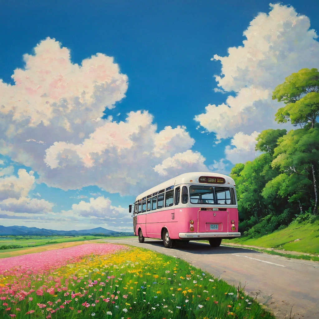 (((best quality)))), Realistic, authentic, beautiful and amazing landscape with a bus on the road oil painting Studio Ghibli Hayao Miyazaki pasture petals with blue sky and white clouds, no humans. A bus journeys west, the windshield flashing pink, pink glancing off of metal, brushing the dented flank of blue, beat-up enamel, Studio Ghibli
