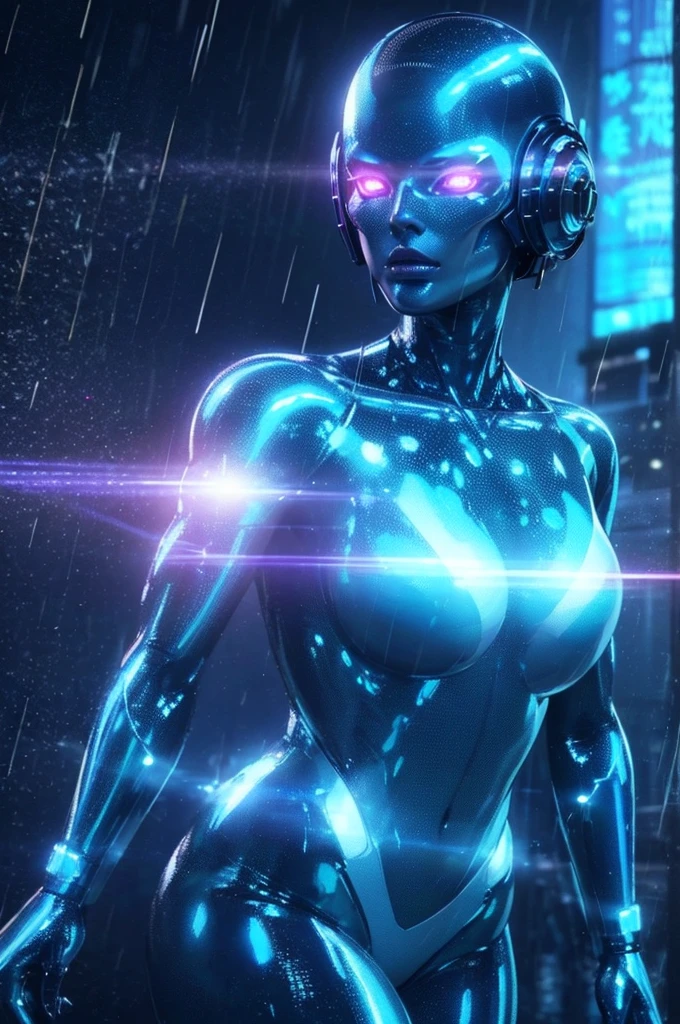 Beautiful female android, model-like body, glowing eyes, metallic body, shiny smooth surface, background reflected on body surface, blue-black body, downtown at night, neon sign, raining, cyberpunk cityscape, blur background, emphasize outline of person,