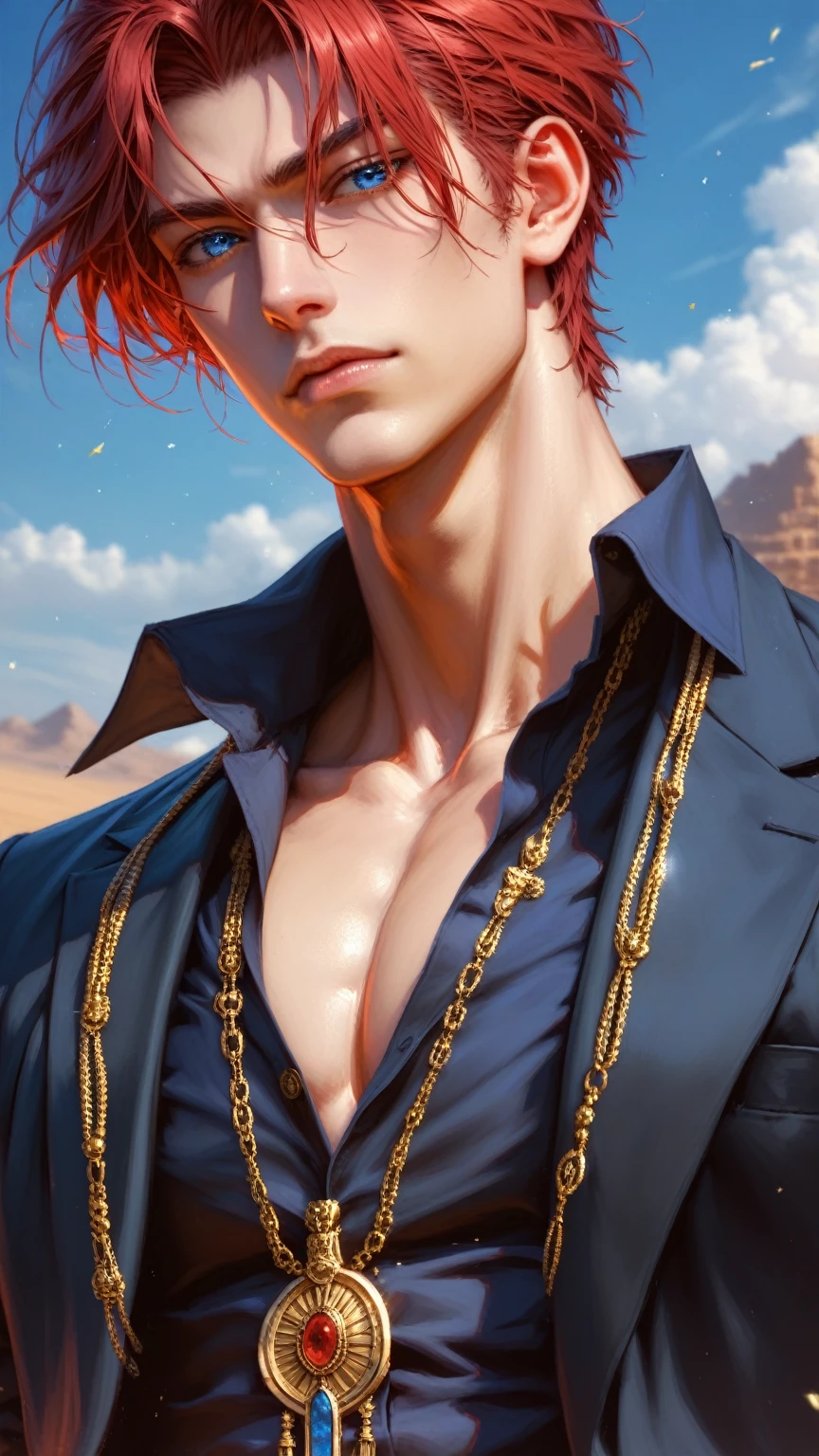 absurdities, High resolution, ultra detailed, HdR, masterpiece, Extremely detailed face and eyes, Red hair, fringe, bushy eyebrows, White skin, serious, expressive blue eyes, straight hair, detailed eyes, LOOKING AT THE SPECTATOR, 1 man, 30 year old man, Red hair oscuro, rasgos masculines, elegant, magical clothes with golden details, masculine, sorcery clothing, egyptian background, , desert background, gold shocker, egipcio, beefy chest, egyptian theme, Complete plan, RED HAIR