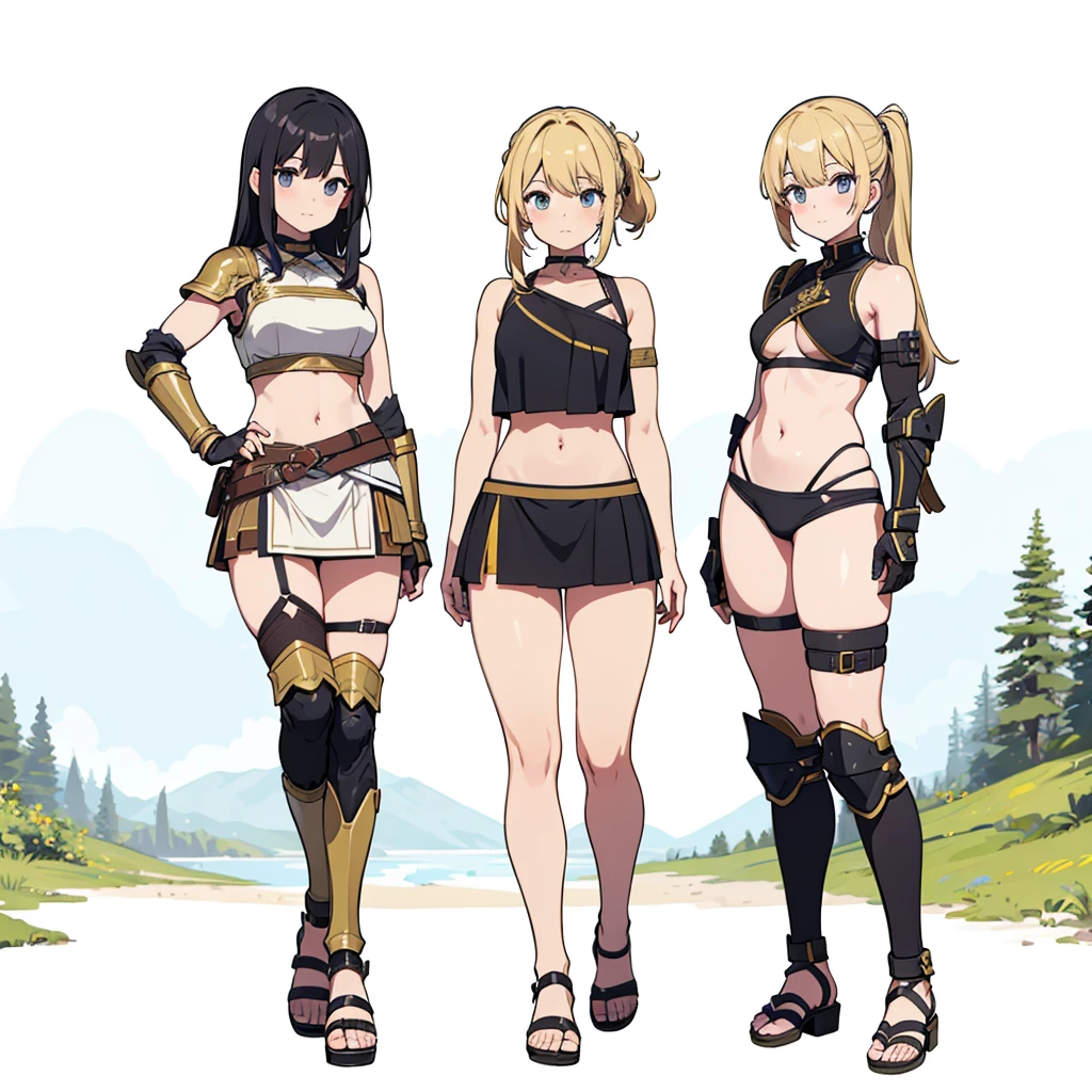 young greek warriors girls in togas , only girls , forest in the background , sandals , BLONDE HAIR , BLACK HAIR , forest in the background , light armor , elbow pads, knee pads, shoulder pads, black armor , sandals , sexy, exposed belly, muscular girl, defined abdomen,stomach, multiple girls, looking at viewer , PONY TAIL hair, bare shoulders, outdoors, sandals