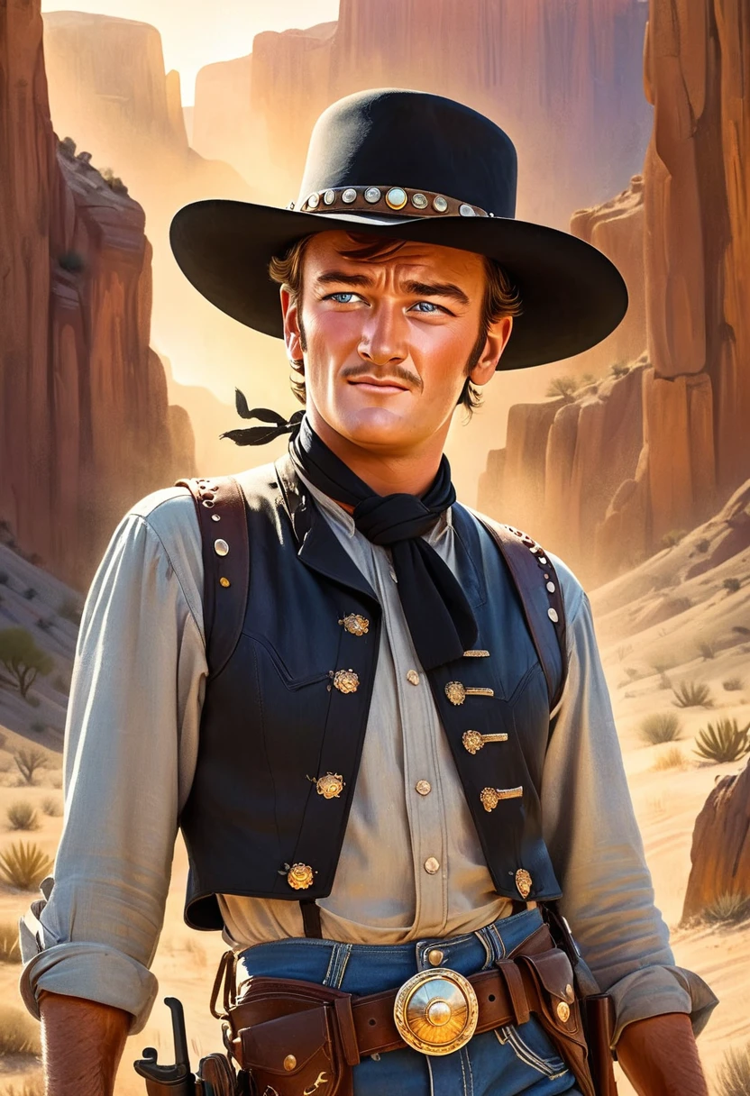 Portrait of young John Wayne as Ringo Kid in the film Stagecoach, detailed portrait, chiseled features, piercing blue eyes, rugged good looks, weathered skin, cowboy hat, western outfit, gun holster, desert landscape, golden hour lighting, cinematic composition, dramatic shadows, muted colors, gritty realism, classic Hollywood style, Children's Illustration Style