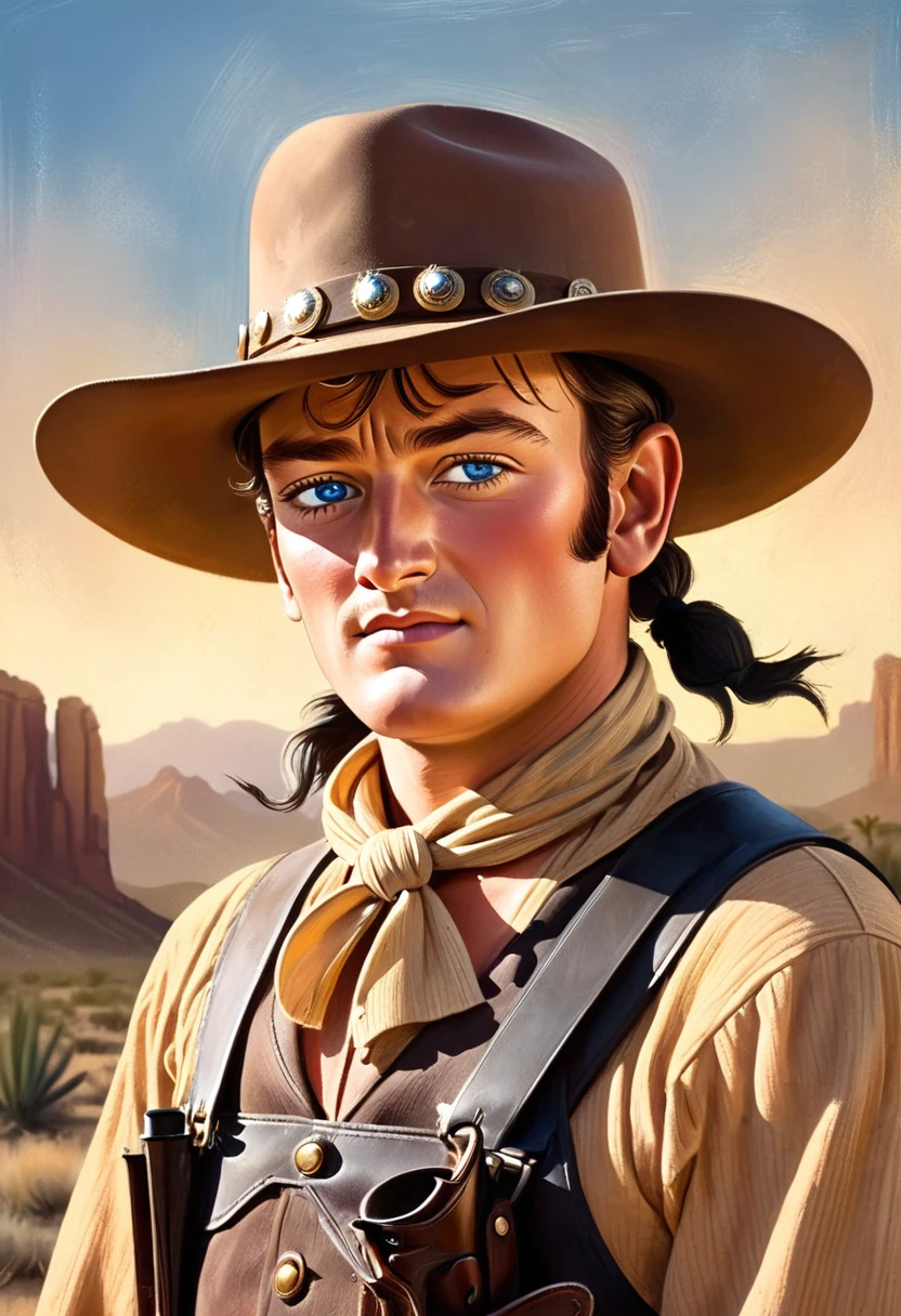 Portrait of young John Wayne as Ringo Kid in the film Stagecoach, detailed portrait, chiseled features, piercing blue eyes, rugged good looks, weathered skin, cowboy hat, western outfit, gun holster, desert landscape, golden hour lighting, cinematic composition, dramatic shadows, muted colors, gritty realism, classic Hollywood style, Children's Illustration Style