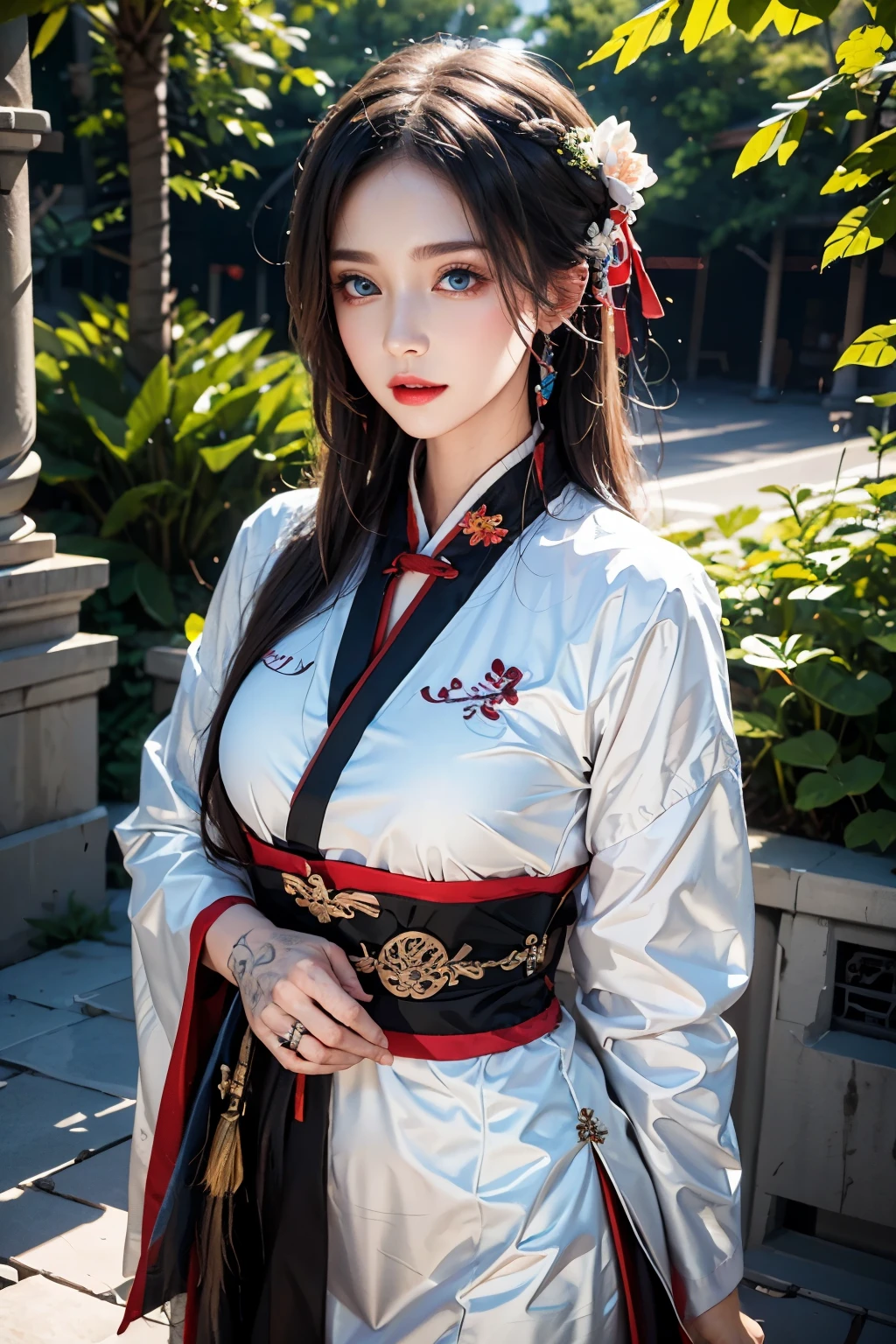 photorealistic, masterpiece, photorealistic, high resolution, soft light, hips up, Blue eyes, red hanfu, white hair, long hair, wedding hanfu,oversized clothes, jewelry, tattoo, cherry blossome,Especially a thin beautiful girl,