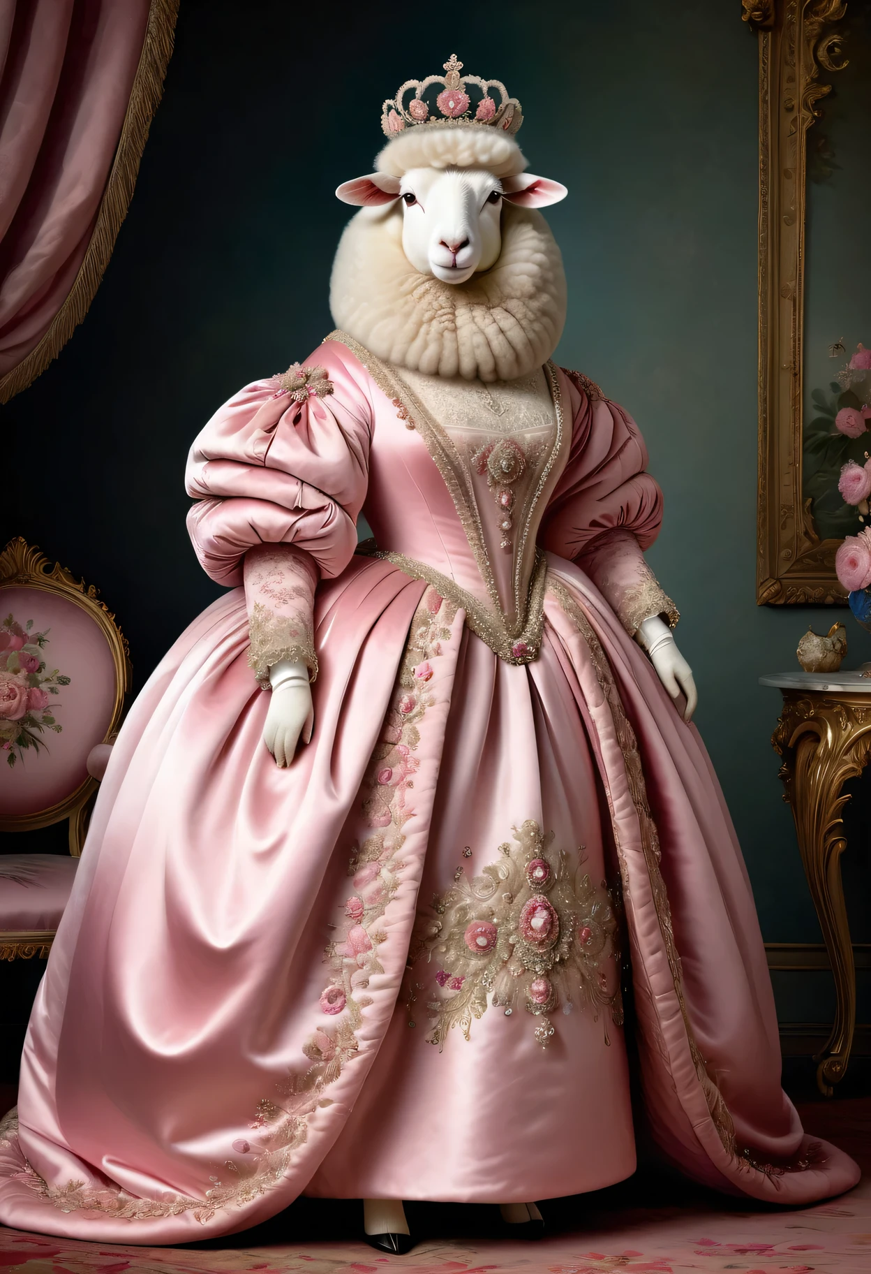 photorealistic portrait of Dressed animals - a ((fat)) (angora sheep) princess, (full body image:1.5),(elegant pose:1.5) Wearing luxury sack-back gown,(wearing luxury tiara),(hands on hips:1.5), Old-fashioned luxury pink loyal dress, detailed and opulent description of a loyal aristocratic sack-back gown in Rococo , emphasizing luxurious fabrics, intricate embroidery, and ornate accessories, Rococo style king palace  background,(looking at viewer:1.5),score_9, score_8_up, score_7_up, score_6_up, score_5_up, score_4_up,