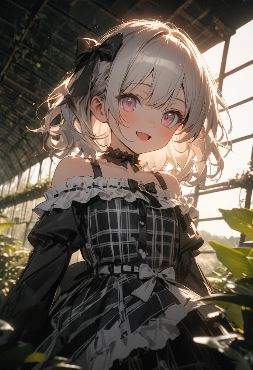 ((Masterpiece)), ((best quality)), ((kawaii)), ((extremely detailed)), (sketch:0.3), (RAW photo:1.2), (8K), (High Definition:1.3), (Professional Photography:1.2), cinematic lighting, (very aesthetic:1.2), (absurdres:1.2), (sharp focus), (perfect light), (()), cute teenage girl, Plaid dress, (Off-Shoulder dress), hoop dress, bow, (lolita fashion), (healthy skin), pale silver hair, (Vibrant Pose), exposed bare shoulder and arms, lolita style, ((eyes only looking to the left)), cute smile, open mouth, pretty, portrait of lolita girl, emo style, red checker, (against the giant greenhouse), ribbon belt,