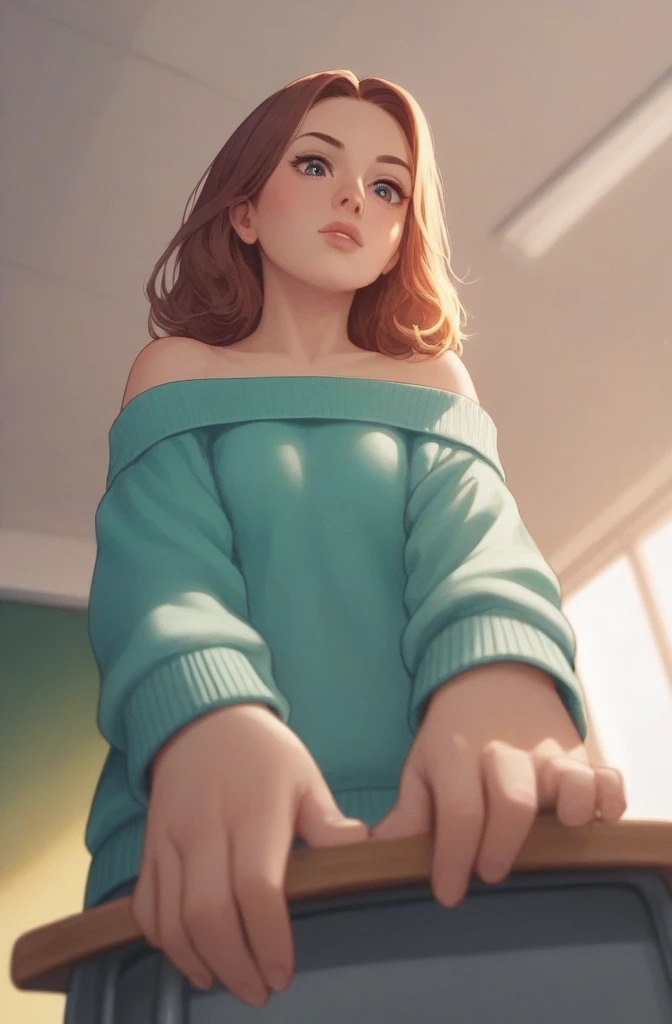 downblouse, sweater, classroom, low angle shot pro color gradingaward winning photo, delicate hands, pretty eyes make her naked