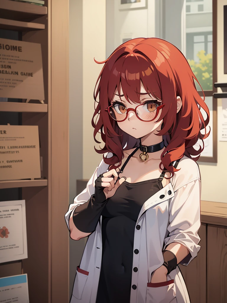 A girl with black glasses, red hair, medium short hair, fringe, white ribbon on the back of the head, white winter wool sweater with buttons, drinking coffee, white ribbon behind the head, Red hair, loose hair, white ribbon on the back of the head, black lenses, button sweater, Red hair