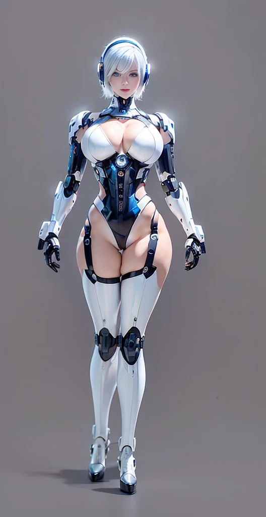 (1GIRL, alone, 独奏), (super detailed face), (Black Long Hair:1.2), (BIG BUTTOCKS, 11 LINE ABS, CLEAVAGE, HUGE FAKE BREASTS:1.5), (MECHA GUARD ARM:1.3), (A girl wearing sexy clothing，scantily clad，Whit cyberpunk sexy maillot，tight clothing，maillot，tight，fitting closely，High slit tight fitting clothing，Glowing eyes，Gloves，（A huge chest：1.4）,Large area of skin，The only person，lackluster in one's eyes，A cold expression，White woman，mechanical artificial limb,Mechanical neck，mechanical high heel stiletto boots, Slim waist, Wide hips，High target，Full body portrait，完美的woman身体，woman形象，High-tech laboratory，woman，a voluptuous figure，Mechanical joints，Cyberpunk，Half of the chest is not covered，Thigh gap， Ceramic material，Hollow waist，Facing the audience，very short shaved hair，White hair，crew cut，tomboy， giant breasts, giant ass, very curvy, shiny silver hair, bright blue coloured eyes, cyborg, robotic arms，mechanical parts，Bare thighs，Sexy clothing，Mechanical headphones，Expose buttocks,Bare waist，Large area skin exposure， MECHA GUARD ARMOR LEGS, HIGH HEELS:1.5), (THICC MUSCULAR FEMALE BODY, SEXY LONG LEGS:1.1), (LOOKING AT VIEWER:1.3), (female focus:0.886),(BRIGHT LIGHTING:1.5), ULTRA HIGHT DEFINITION,Whit，highleg leotard，cyborg，cyberpunk