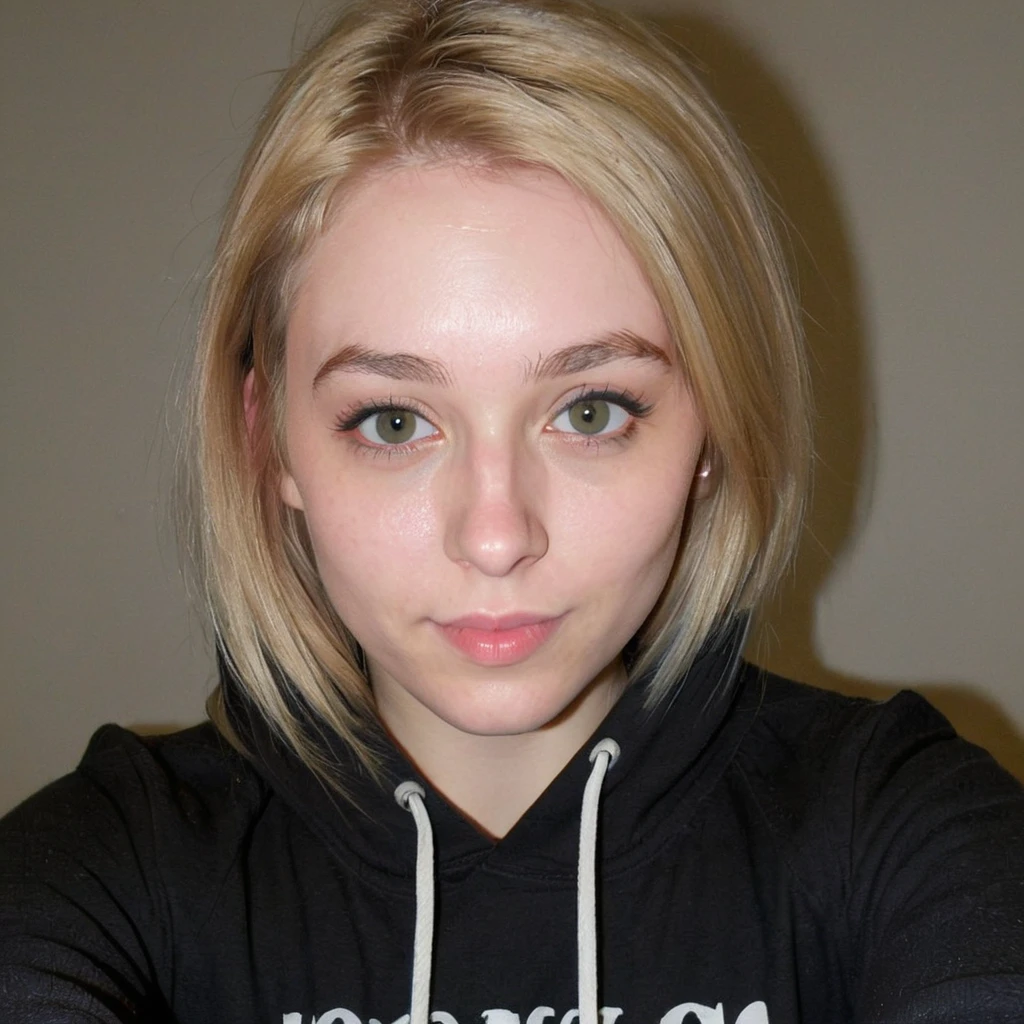 front view, selfie picture of a blonde girl in her 20s, emotionless, wearing black hoodie, portrait photo,