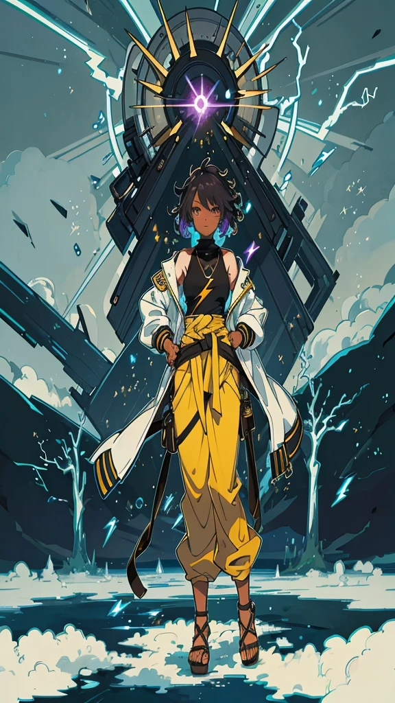 Dark skinned woman, Afro, glowing eyes, hair over one eye, two-tone hair, harem pants, tank top, jacket around waist, standing in vast grassy field, sandals, night, lightning in sky, emitting lightning, highly detailed