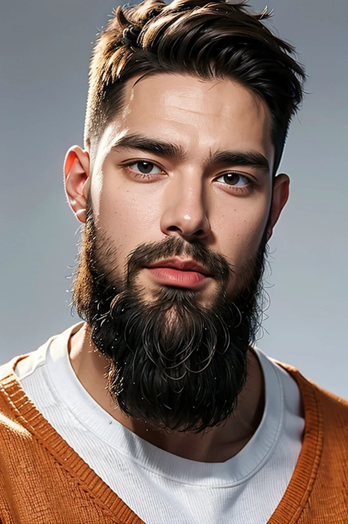 handsome male,beard,upper body portrait,orange sweater,white background,