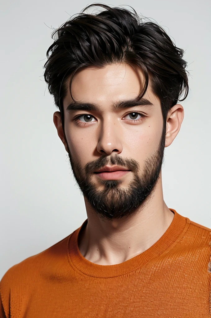 handsome male,beard,upper body portrait,orange sweater,white background,