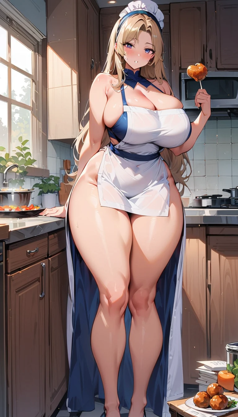 masterpiece, ultra detailed, Tall and beautiful woman, Facial confidence, curvy figure, exposed thighs, bare shoulders, wide neckline, delicious hips, big breasts, pink blush, apron, household paper, human wife, contrast, gangly husband, meatball head, down on my knees, kitchen, prepare food, Embodied elegance, calm attitude, intricate details, pores, texture. This tall and beautiful adult woman exudes an air ofFacial confidence, her features accentuated by her curvy figure with exposed thighs and shoulders