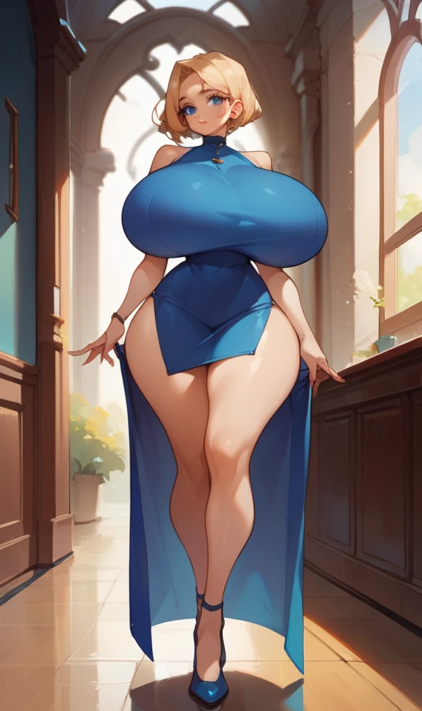 score_9, score_8_up, score_7_up, score_6_up, score_5_up, score_4_up, (source_anime),  1girl, hyper breasts, medium hair,  blue eyes, huge ass, mons pubis hypertrophy, body conscious dress, huge thigh