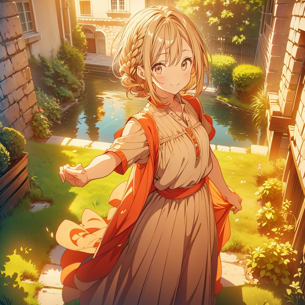1girl,(anime coloring:1.2), best quality, looking at viewer, happy smile,short wavy hair, chestnut hair, feminine,(solid Maxi dress), (Light brown color Short sleeve Maxi dress:1.3),Medieval Europe,Ancient Village,((Fantasy)),900s AD,lively square,