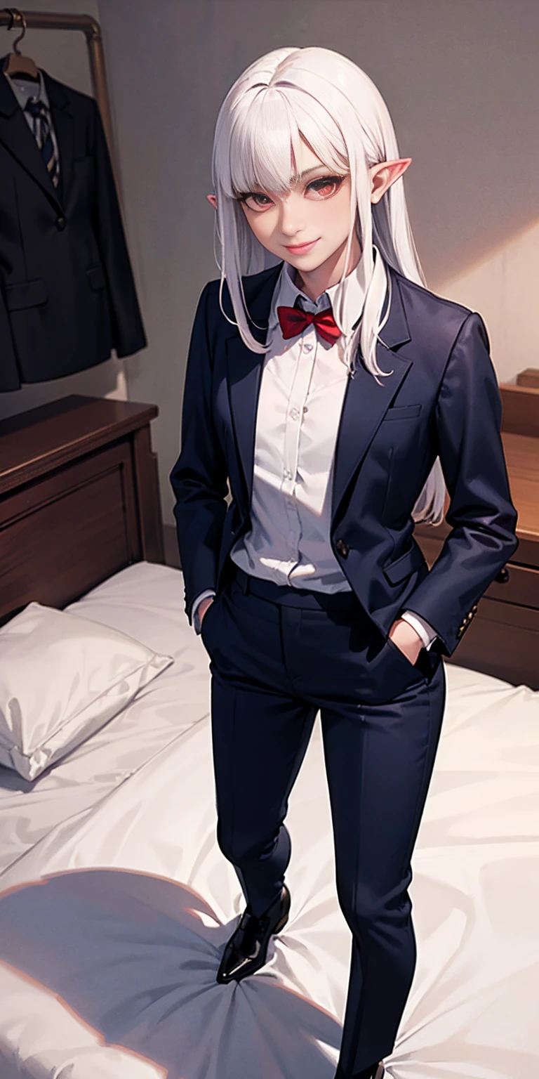 female with blue skin, white hair, red ayes, pointy ears, hyper realistic, Ultra detail, high res, 1girl, solo, standing, flat chest, suit, business suit, close-up, smile, arms at sides inside pockets, kneeling on bed (on her knees) bedroom background
