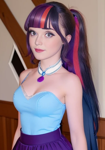(masterpiece, The best quality, fotorrealist, High Resolutions, Director of photography, :1.3), Selfie photo of upper body, Sharp focus, 1 chica sexy, cute school girl , model, 16 year old teen midriff, hermosa modelo adolesente , Highly detailed turquoise eyes and pupils, tiene senos grandes , slim body shape, neckline, extremely detailed hair, They're smiling, sexy, ((realist, super realistic, realism, Detalles realists)) mlp , Twilight Sparkle , mlp , cute makeup ,Red lips , nariz pequeña , long purple hair with pink highlights , long purple hair with pink highlights , pony tail , Whole body , smiling for the viewer , sexy outfit , traje de oficina , Equestria girls , ELEGANT DRESS , cuerpo completo