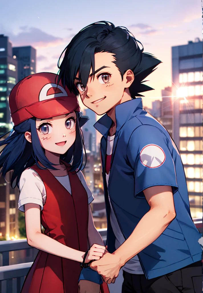 good quality,duo, 1 girl (dawn, long blue hair ,blue eyes,cap) ,evening,city, 1 man (ash Ketchum, black hair,Brown eyes), couple,smiling