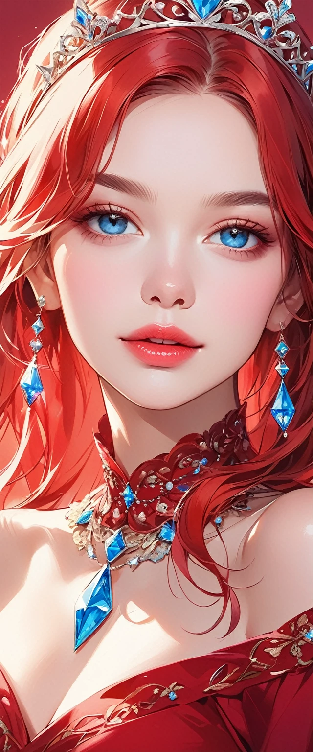 the image the computer generated image of a woman in a tiara wearing a red dress, 1girl, blue eyes, solo, looking at viewer, lips, tiara,red hair,smile,
