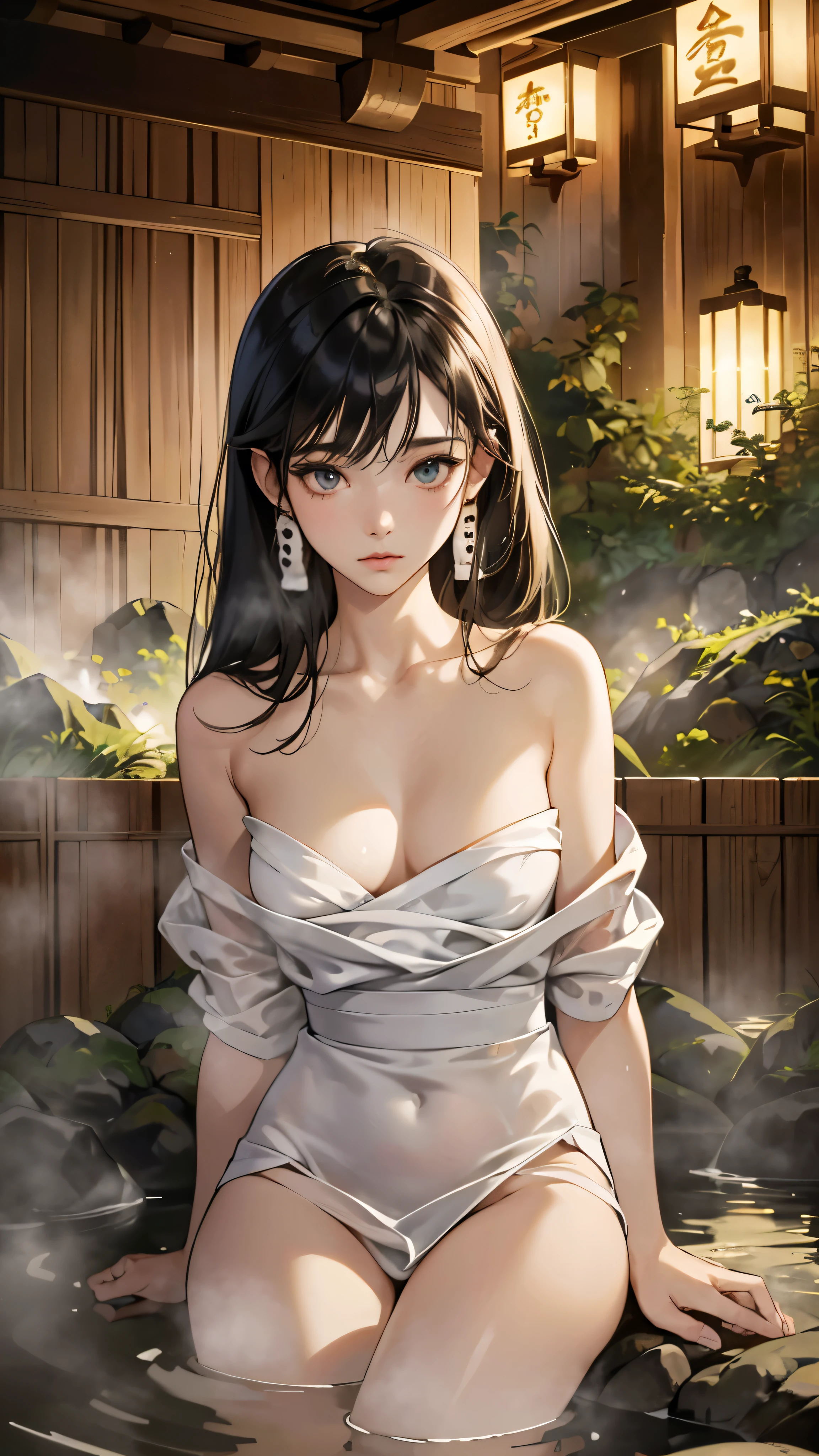 (perfect anatomy:1.2)(absurdres, highres, ultra detailed),masterpiece,best quality,high resolution,8k,Realistic face,Realistic skin texture,magnified textures, stunning clarity,detailed anime girl,(ultra detailed eyes and face),,black hair,(top not),pale skin,Japanese shrine maiden, mysterious eyes,(She hides her body with a white bath towel),thin body type,big breasts,small ass,(expressionless:1.2).(onsen:1.5) in Steampunk in the Edo Period、(Vivid hieroglyph signs and street advertisements:1.2)、sautumn、hieroglyph,look at far away,,Delicate atmosphere、sitting,midnight,Fantasy