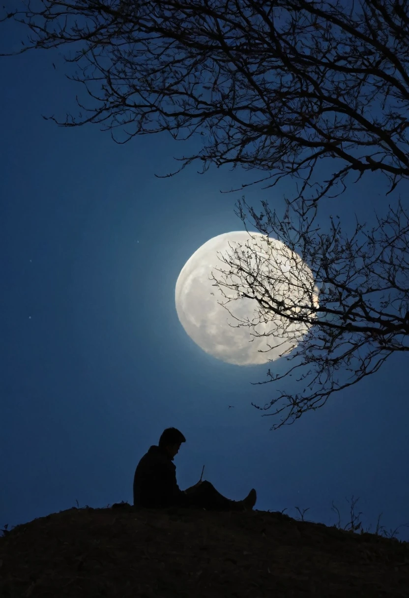 A calm full moon night , dim darkness , midnight , a big tree with no leaves only branches , full moon behind the tree , a man sitting under the tree ,enjoying the moment ,close up image