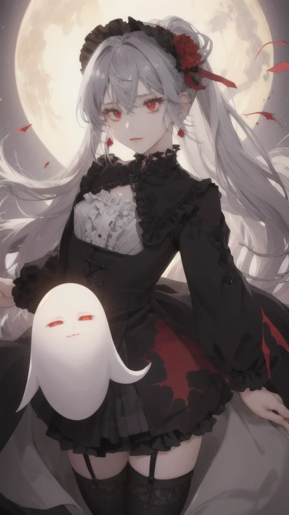 (Highest quality,Very detailed,High resolution:1.2),One Girl,Gray Hair,The most beautiful girl in human history,暗い red eyes (暗いred eyes:1.1),さみし気な aura(aura:1.1),(mysterious,Ghostly:1.1) atmosphere,Looks like half a demon,(Demonic traits,Demonic traits),(Elaborate,wonderful) Earrings,E-cup bust,Small Ass,Elongated beautiful legs、Black long coat、Gothic ta style clothing、Naughty costume、Black Stockings,girdle,mini skirt,Red camisole,A big full moon shines in the dark night sky、Dirty body、Clear eyes