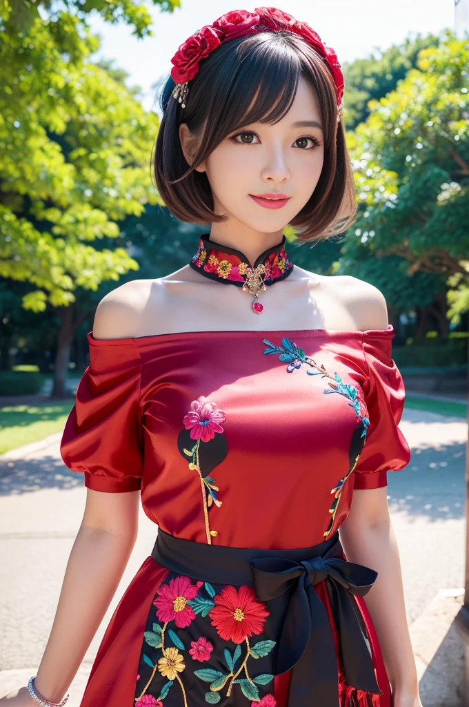 (masterpiece:1.4), (best quality:1.4), ultra high res, ultra high resolution, ((detailed facial features)), HDR, (realistic, photorealistic, photo-realistic:1.37), full body Esbian, sexy Vietnamese model, (-anime), vivid colors, ((vivid colors multicolor (red, fuchsia) very short hair)), (happy smile), lip-gloss, long lashes, metallic makeup, defined eyebrows, wearing large sparkling colorful jewelery, wearing a red silk Paradise Kiss cosplay dress with black floral embroidery, ((vivid colors outfit)), vivid colors, look at the camera, cinematic light, large park background with trees, sweet and sexy pose