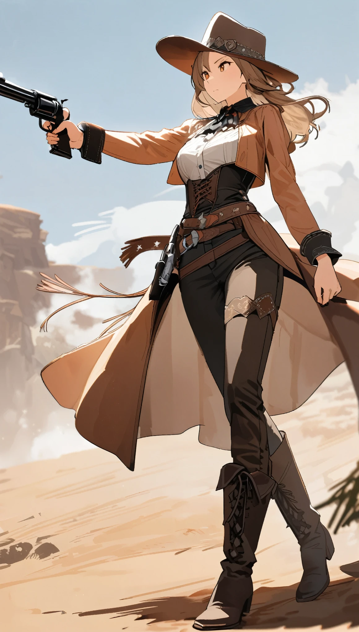 western cowboy, 2.5D, delicate and dynamic, western costume, western hat, western boots, two pistols, cool, bar