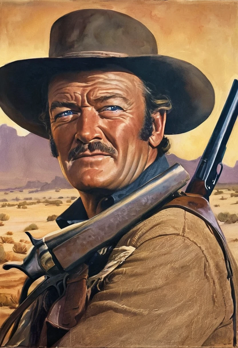 Portrait of young John Wayne as Ringo Kid in the film Stagecoach, detailed portrait, chiseled features, piercing blue eyes, rugged good looks, weathered skin, cowboy hat, western outfit, gun holster, desert landscape, golden hour lighting, cinematic composition, dramatic shadows, muted colors, gritty realism, classic Hollywood style, 