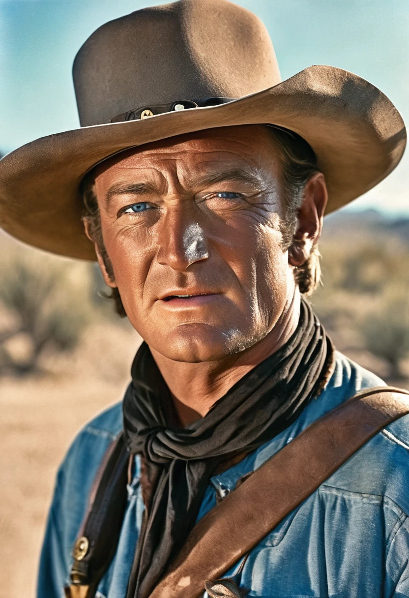 Portrait of young John Wayne as Ringo Kid in the film Stagecoach, detailed portrait, chiseled features, piercing blue eyes, rugged good looks, weathered skin, cowboy hat, western outfit, gun holster, desert landscape, golden hour lighting, cinematic composition, dramatic shadows, muted colors, gritty realism, classic Hollywood style, 