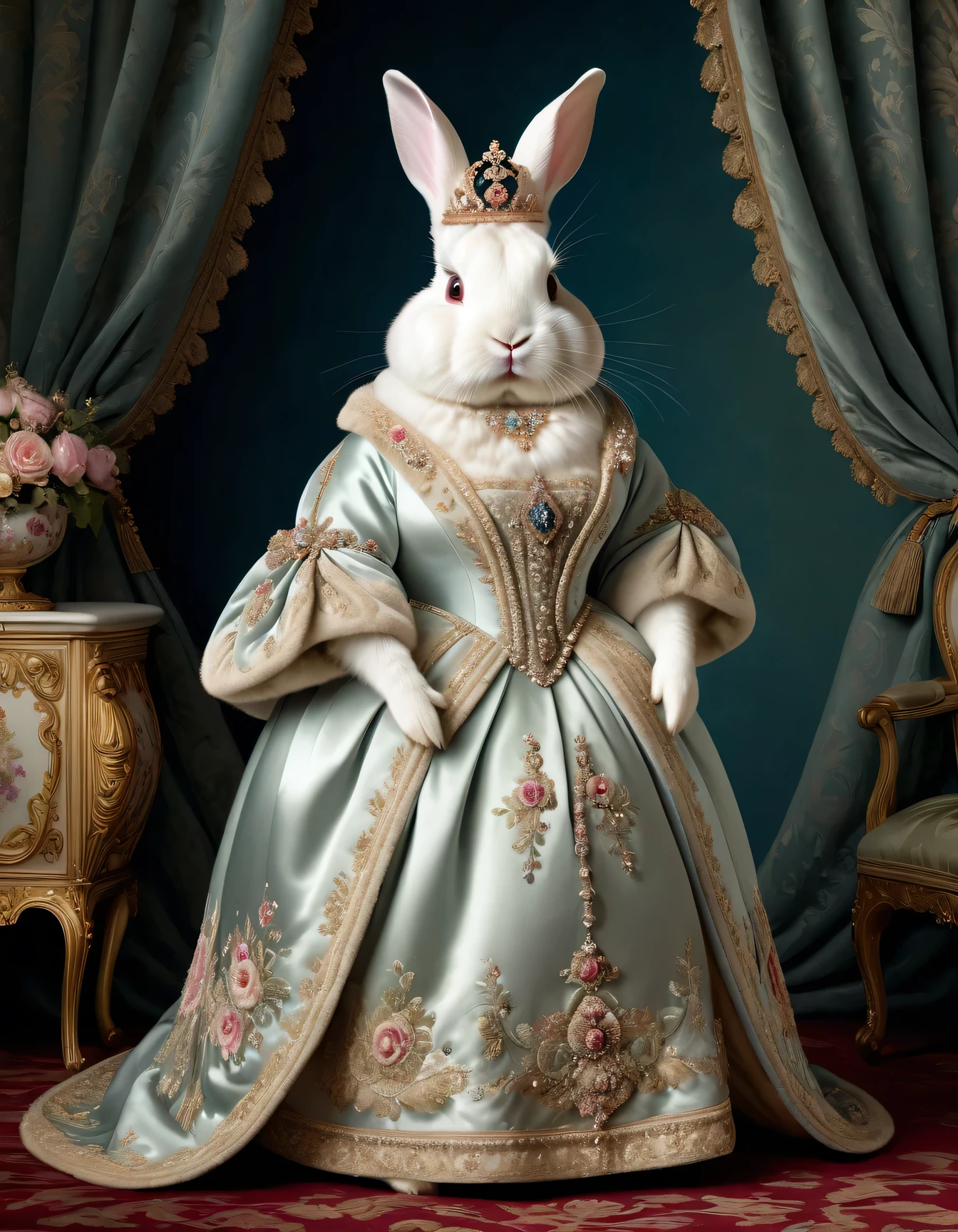 photorealistic portrait of Dressed animals - a ((fat)) (angora rabbit) princess, (full body image:1.5),(elegant pose:1.5) Wearing luxury sack-back gown,(wearing luxury tiara),(hands on hips:1.5), Old-fashioned luxury  loyal dress, detailed and opulent description of a loyal aristocratic sack-back gown in Rococo , emphasizing luxurious fabrics, intricate embroidery, and ornate accessories, Rococo style king palace  background,(looking at viewer:1.5),score_9, score_8_up, score_7_up, score_6_up, score_5_up, score_4_up,